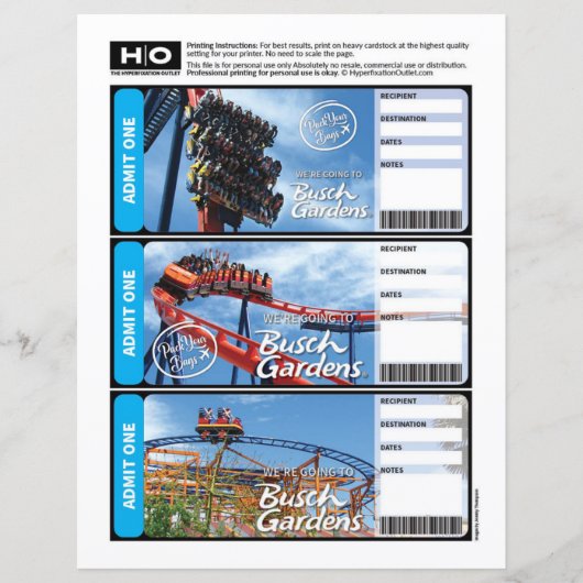 Busch Gardens Mock Ticket voor reizen en evenement (Voorkant)