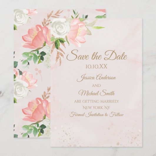 Bush Roze en Gouden Bloemige Waterverf Save the Da Kaart (Voorkant / Achterkant)