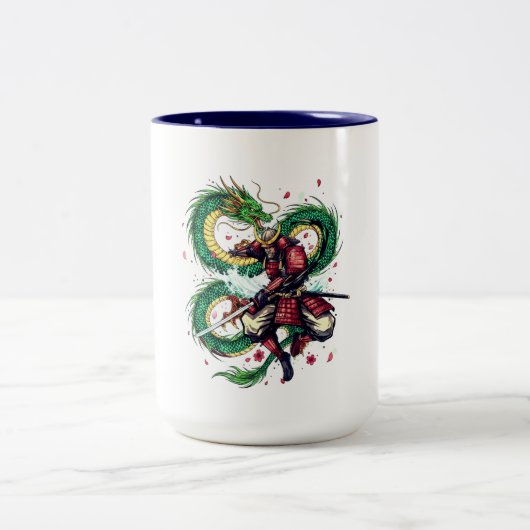Bushido Code Samurai met Draak & Kersenbloesems Tweekleurige Koffiemok (Center)