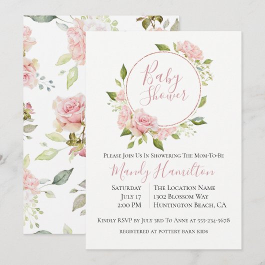 Bushing Floral Wreator Baby shower Invitation Kaart (Voorkant / Achterkant)