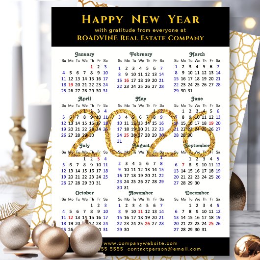 Business 2025 Calendar Gold Glitter Modern Zwart Feestdagenkaart