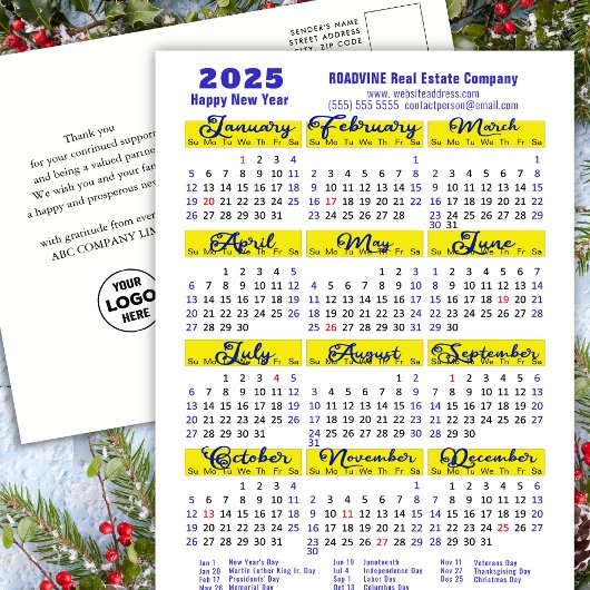 Business 2025 Kalender Modern Blauw Script Eenvoud Feestdagenkaart