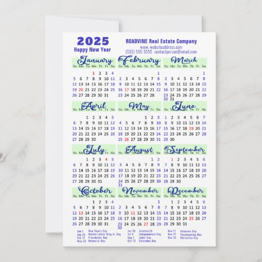 Business 2025 Kalender Modern Blauw Script Eenvoud Feestdagenkaart (Voorkant)