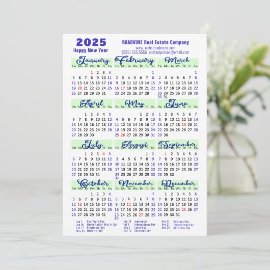 Business 2025 Kalender Modern Blauw Script Eenvoud Feestdagenkaart (Staand voorkant)
