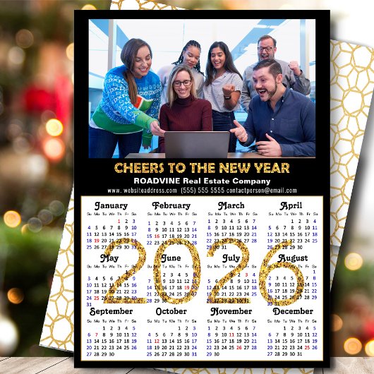 Business 2025 Kalender Modern Zwart Goud Glitter Feestdagenkaart