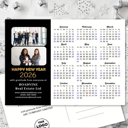Business 2025 Kalender Modern Zwart Goud Glitter Feestdagenkaart