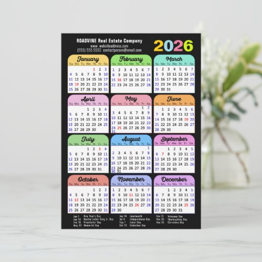 Business 2025 Kalender Modern Zwart Goud Kleurrijk Feestdagenkaart (Staand voorkant)