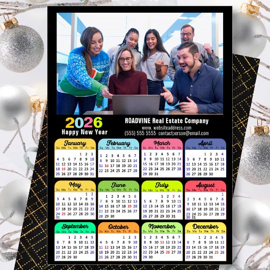 Business 2025 Kalender Modern Zwart Goud Kleurrijk Feestdagenkaart