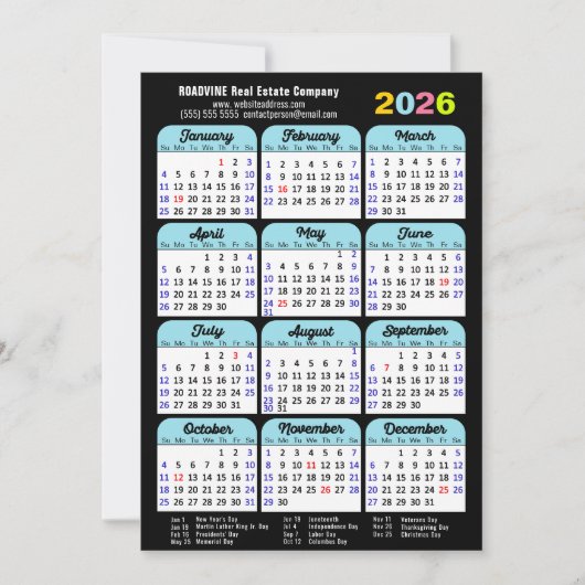Business 2025 Kalender Zwart Blauw Minimalist Feestdagenkaart (Voorkant)