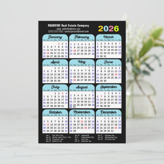 Business 2025 Kalender Zwart Blauw Minimalist Feestdagenkaart (Staand voorkant)