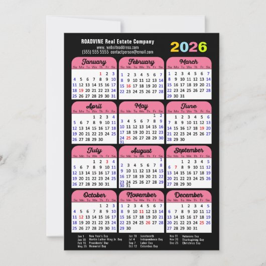 Business 2025 Kalender Zwart Roze Minimalist Feestdagenkaart (Voorkant)