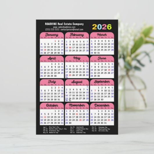 Business 2025 Kalender Zwart Roze Minimalist Feestdagenkaart (Staand voorkant)