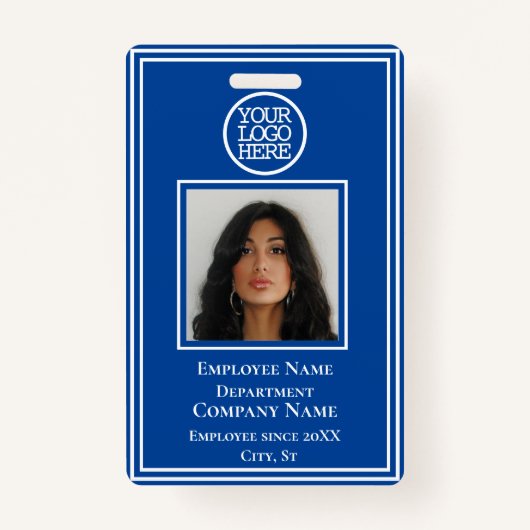 Business Add Logo Moderne Blue White Employee Id Badge (Voorkant)