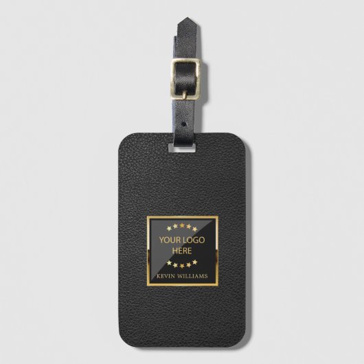 Business Black Faux Leather Logo gepersonaliseerd Bagagelabel (Voorkant (verticaal))