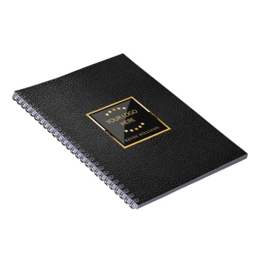 Business Black Faux Leather Logo gepersonaliseerd Notitieboek (Rechterzijde)