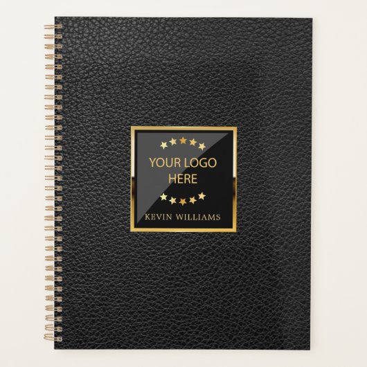 Business Black Faux Leather Logo gepersonaliseerd Planner (Voorkant)