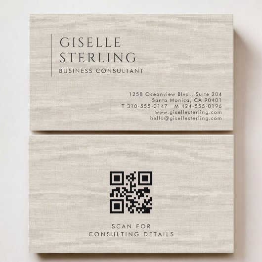 Business Consultant Luxury Neutral Linen QR Code Visitekaartje