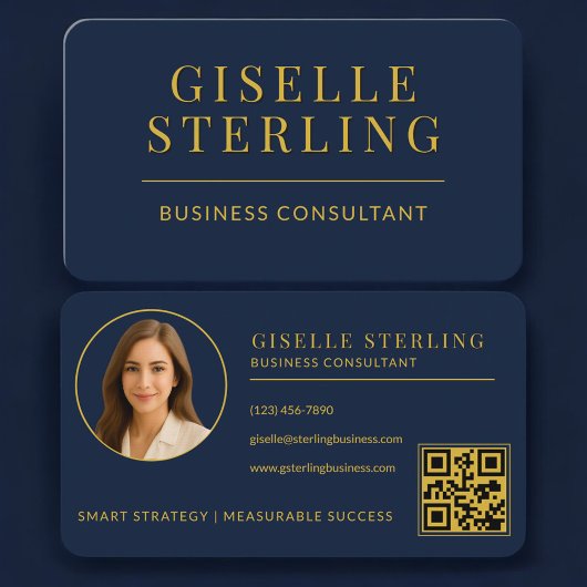 Business Consultant Navy Blue Gold Photo QR Code Visitekaartje