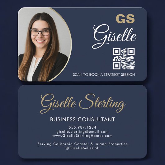 Business Consultant Photo QR Code Navy Blue Gold Visitekaartje