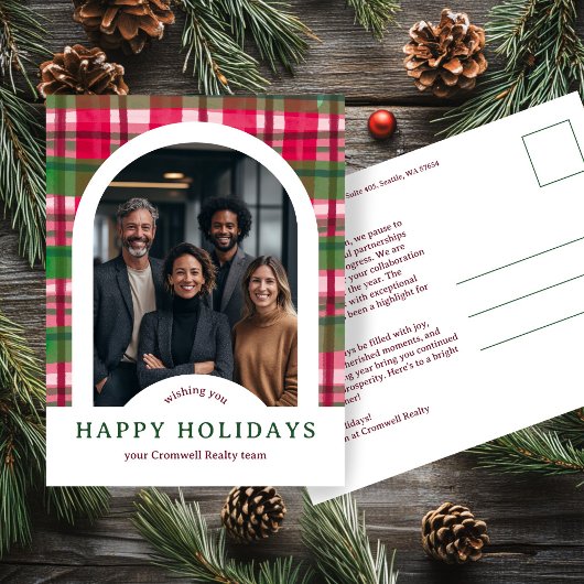 Business Corporate Holiday Plaid CUSTOM Arch PHOTO Briefkaart