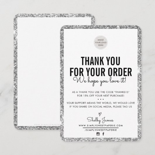 BUSINESS DANK U bestelling invoegen zilveren glitt Bedankkaart (Voorkant / Achterkant)