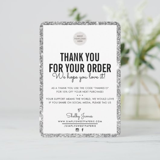 BUSINESS DANK U bestelling invoegen zilveren glitt Bedankkaart (Staand voorkant)