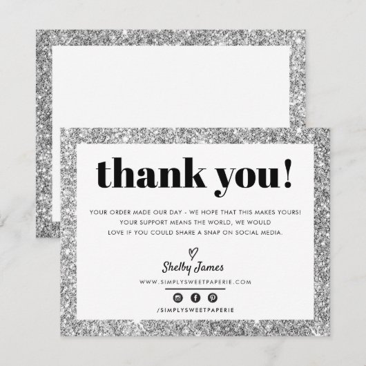 BUSINESS DANK U chic glam zilver glitter LOGO Bedankkaart (Voorkant / Achterkant)