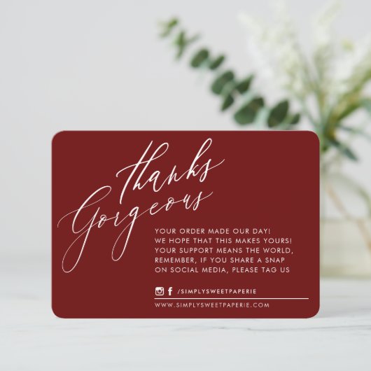 BUSINESS DANK U chic kalligrafie maroon rood Bedankkaart (Staand voorkant)