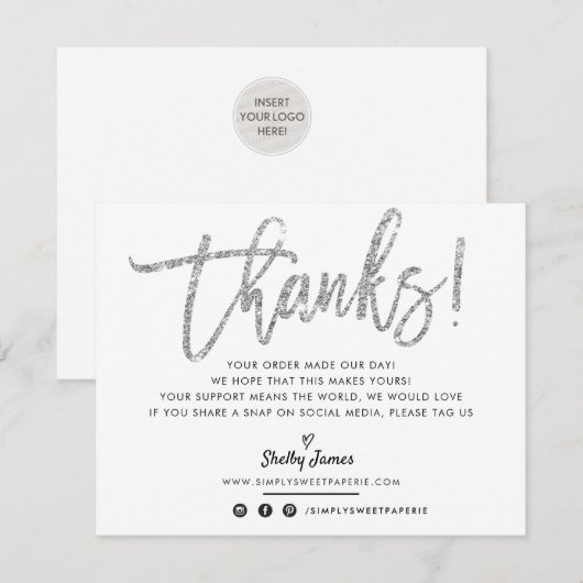 BUSINESS DANK U chic zilveren glitter script Bedankkaart (Voorkant / Achterkant)