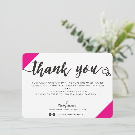 BUSINESS DANK U moderne chique hoeken script roze Bedankkaart (Staand voorkant)
