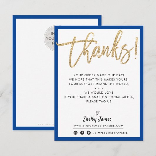 BUSINESS DANK U moderne gouden glitter ROYAL BLUE Bedankkaart (Voorkant / Achterkant)