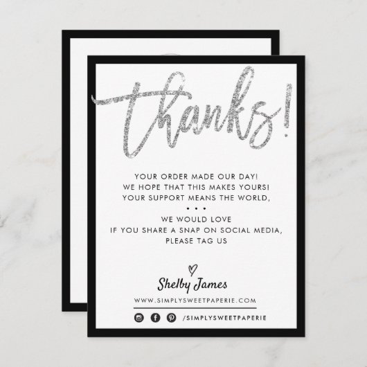 BUSINESS DANK U moderne zilveren glitter zwart Bedankkaart (Voorkant / Achterkant)