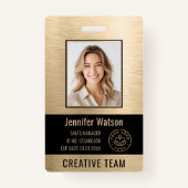 Business Employee Photo Faux Brushed Gold Black ID Badge (Voorkant)