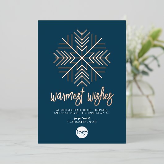 Business Greeting Blue Pset Warmest Wishes Roos Folie Feestdagenkaart (Staand Voorkant)