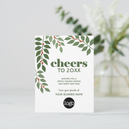 Business Greeting met botanische bladeren en logo  Feestdagenkaart (Staand voorkant)