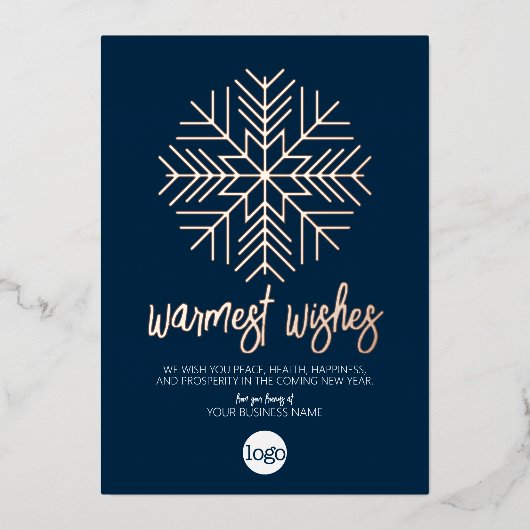 Business Greeting Navy - Warm Snowflake Roos Gold Folie Feestdagenkaart (Voorkant)