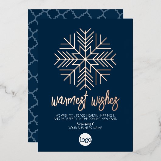 Business Greeting Navy - Warm Snowflake Roos Gold Folie Feestdagenkaart (Voorkant / Achterkant)