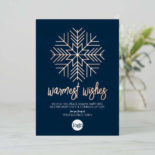 Business Greeting Navy - Warm Snowflake Roos Gold Folie Feestdagenkaart (Staand Voorkant)