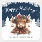 Business Happy Holidays Cute Festive Highland Cow Vierkante Sticker (Voorkant)