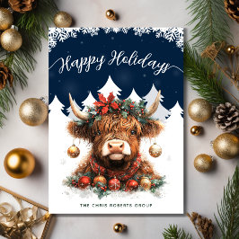 Business Happy Holidays Festive Highland Cow Feestdagenkaart