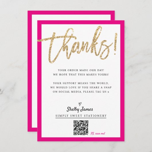 BUSINESS INSERT moderne chique glitter script roze Bedankkaart (Voorkant / Achterkant)