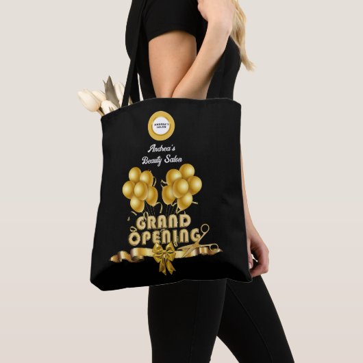 Business Launch Party Toevoegen Logo Zwart Goud Aa Tote Bag (Dichtbij)