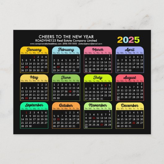 Business Logo 2025 Kalender Modern Zwart Kleurrijk Feestdagenkaart (Voorkant)