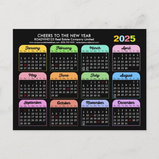 Business Logo 2025 Kalender Modern Zwart Kleurrijk Feestdagenkaart (Voorkant)
