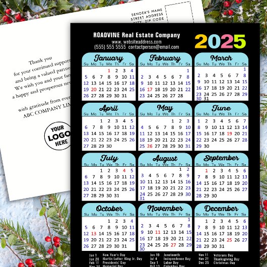 Business Logo 2025 Kalender Zwart Blauw Minimalist Feestdagenkaart