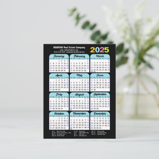 Business Logo 2025 Kalender Zwart Blauw Minimalist Feestdagenkaart (Staand voorkant)
