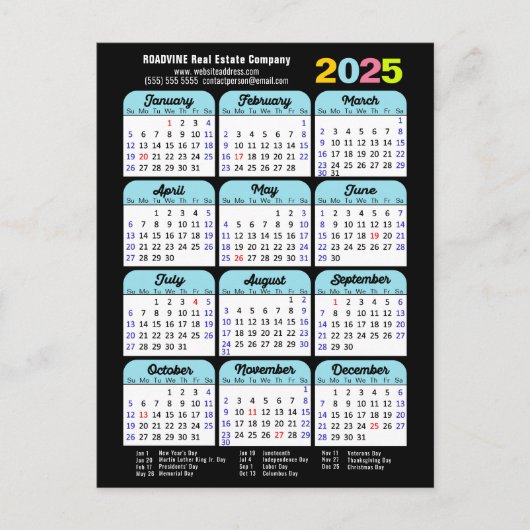 Business Logo 2025 Kalender Zwart Blauw Minimalist Feestdagenkaart (Voorkant)