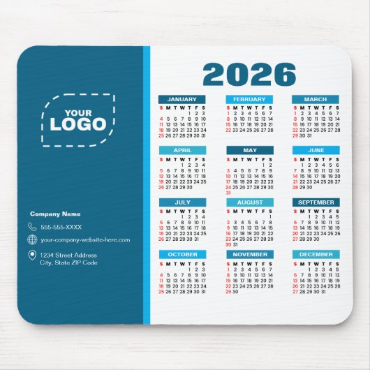 Business Logo 2026 Calendar Template Mousepad Muismat (Voorkant)