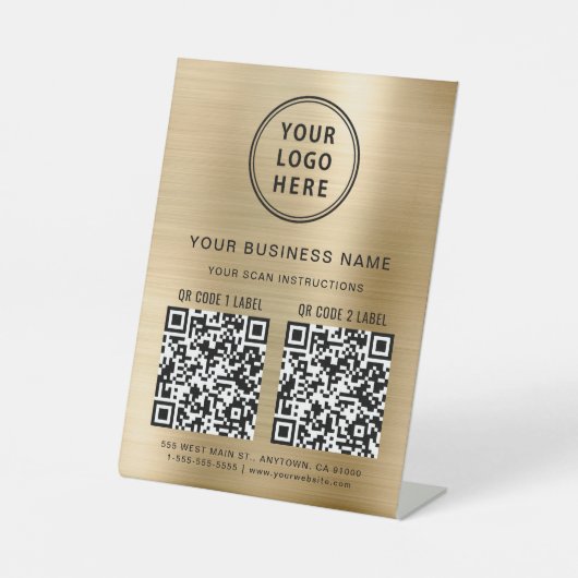 Business Logo 2 QR-codes Gold Reclamebord Met Voetstuk (Voorkant)