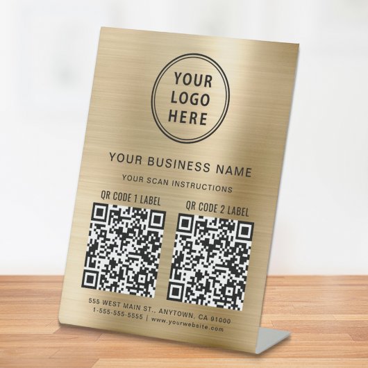 Business Logo 2 QR-codes Gold Reclamebord Met Voetstuk